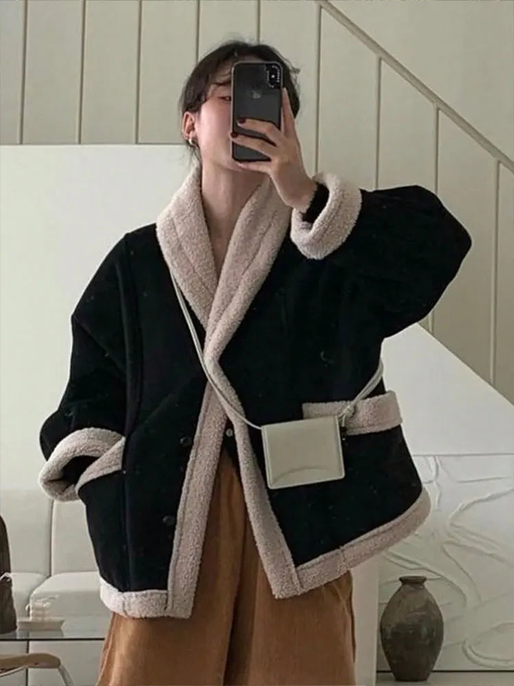 HH Women Casual Fleece Lined Warm Jacket Autumn Winter Coat V Neck Long Sleeve Jackets Loose Maternity Outfit Outerwear