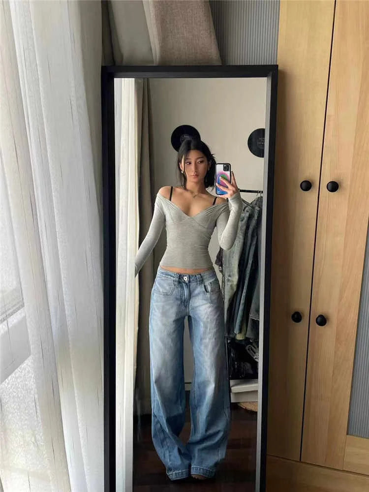2025 Autumn Winter Women's Low Rise Vintage Denim Pants Y2K 2000s Baggy Jean Japanese Harajuku Jeans Wide Fit Jeans Korean New
