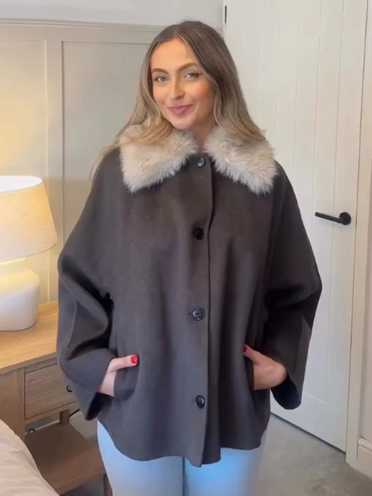 HH Autumn Winter Fashion Faux Fur Collar Jackets For Women 2025 Female Single Breasted Patchwork Coats Chic Lady Streetwear