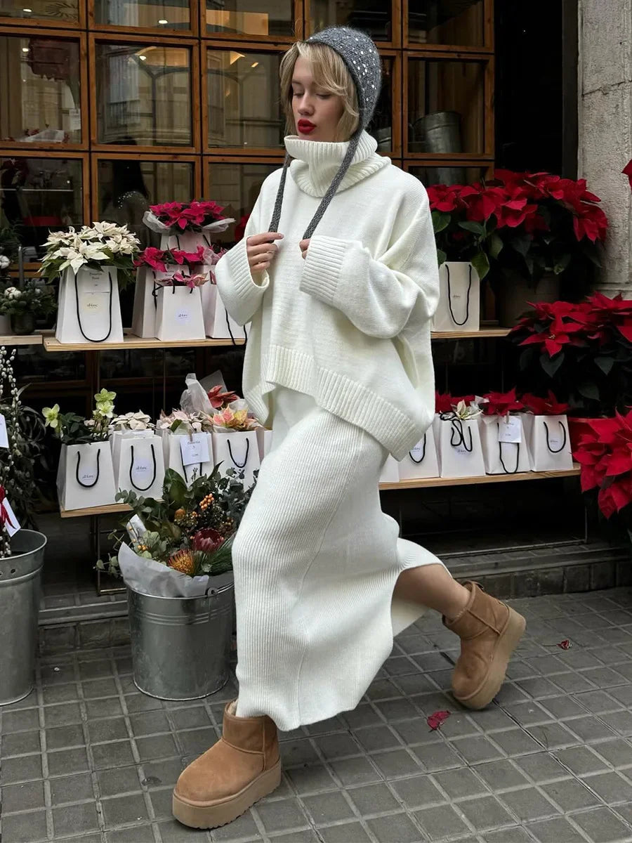 Wolfeel Women's Knitted Turtleneck Sweater Skirt 2- Piece Set  Autumn Winter Loose Solid Color Knit Outfit Casual Warm Suit