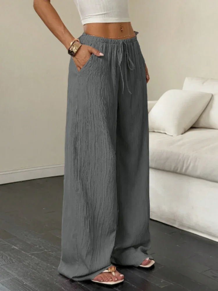 Summer 2025 Women's Casual Solid Color Texture Fabric Waist Belted Side Pocket Wide Leg Pants New Cross-Border Style