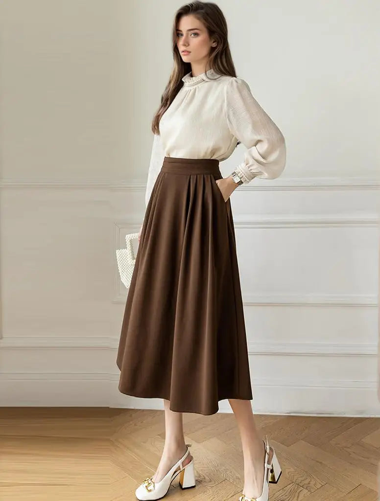 High Waist Coffee Casual Midi Skirt For Women 2024 Elegant Fashion Loose Formal OL Wear Long Skirts Lady