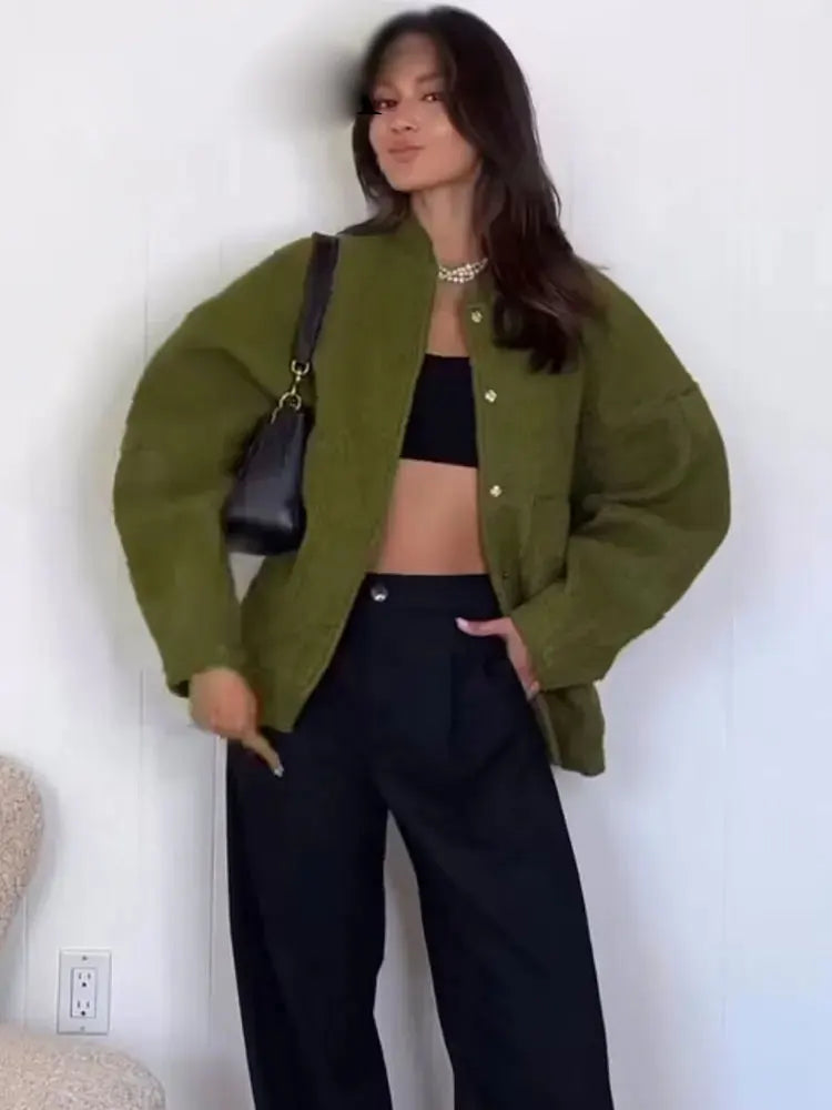Women Solid Coat Long Sleeve Autumn Pocket Bomber Jacket Oversize Loose Streetwear Coats Button Casual Woman Outerwear