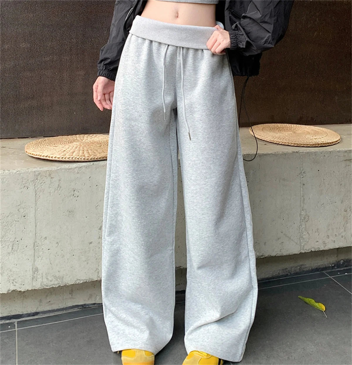 Women Fashion Straight Solid Pants Autumn Spring New In Wide Leg Drawstring Trousers Lady Street Casual Hip Hop Pant High Waist