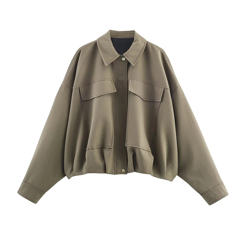 Women's Bomber Jackets Coats Fashion Pocket Decoration Turn-down Collar Long Sleeve Loose Coats Female Outerwear Chic Tops