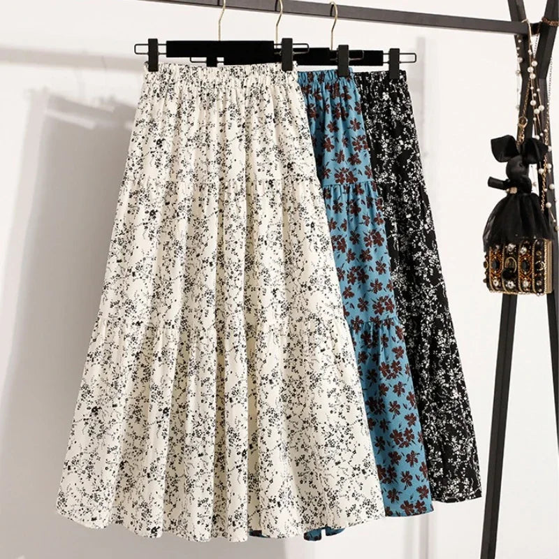 New Autumn Floral Pleated A- Line Plus Size Skirt Vintage Draped Elegant Chinese Style Women's Half-length Skirts with Lining