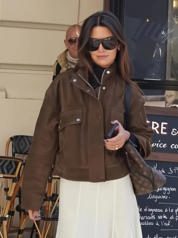 HH 2025 Street Fashion Suede Coat Long Sleeve Zipper Solid Turtleneck With Pockets Bomber Jacket Female Autumn Casual Outwears