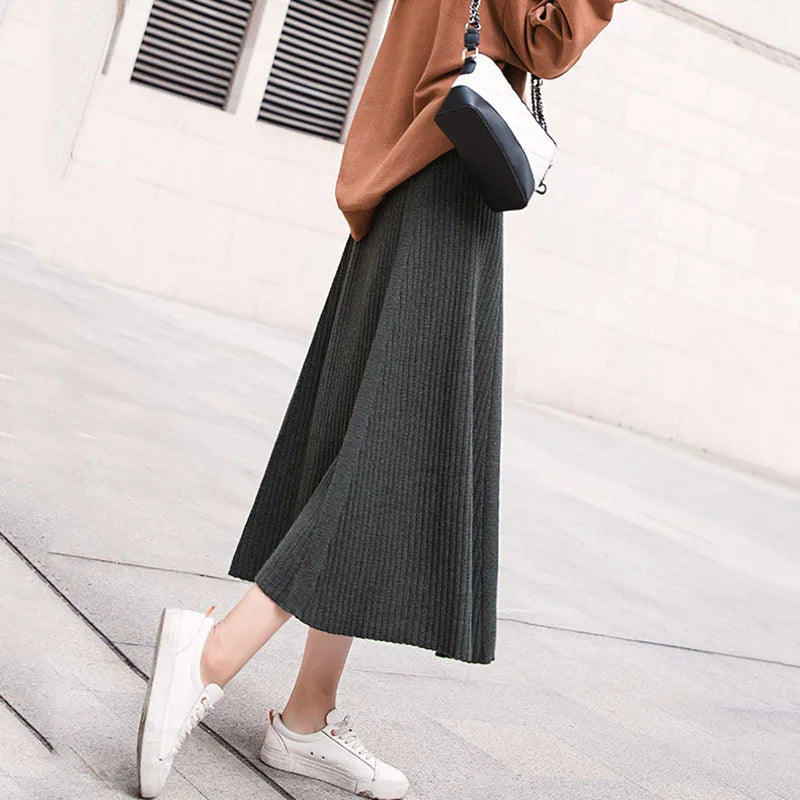 Autumn Winter Thicken Knitted Skirts Female Versatile Casual High Waisted Long Skirt Woman Korean Chic Streetwear A-Line Skirt