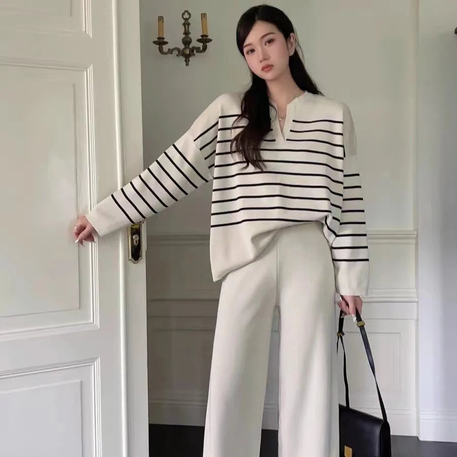 Women Two Piece Set Striped Knit Tops V Neck Full Sleeve Loose Casual Pullover Wide Leg Pants High Waist Elegant Autumn Winter
