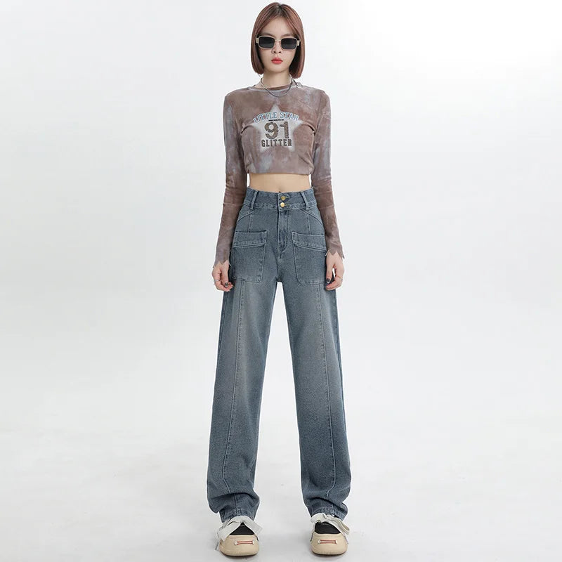 Womens Straight Jeans Leisure Comfortable Skin Friendly Low Waist Baggy Denim Trousers Vintage Punk Long Pants Street Fashion