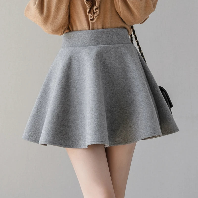 Fashion Streetwear Wool Winter Skirts Women Elastic Waist Pleated Skater Mini Skirt With Shorts A-Line School Girl Kawaii Faldas