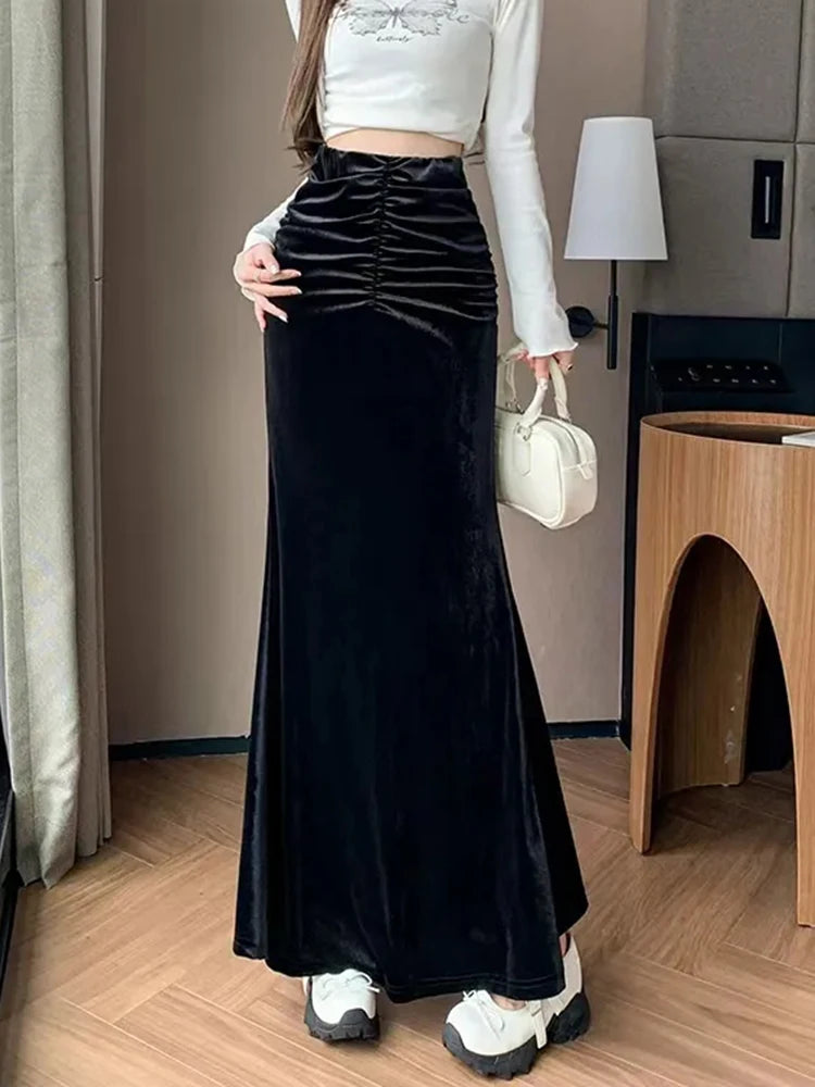 Black Elegant Long Skirt Women High Waist Autumn Winter Office Lady Mermaid Skirts Fashion Folds Slim Casual Aesthetic Skirt New