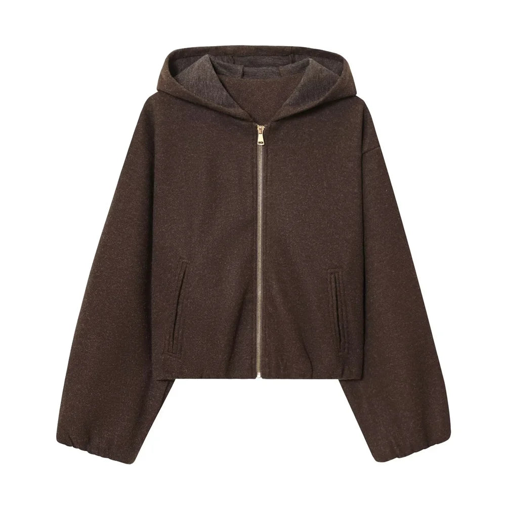 New women's casual style long sleeved solid color loose elastic hem zipper hooded jacket jacket
