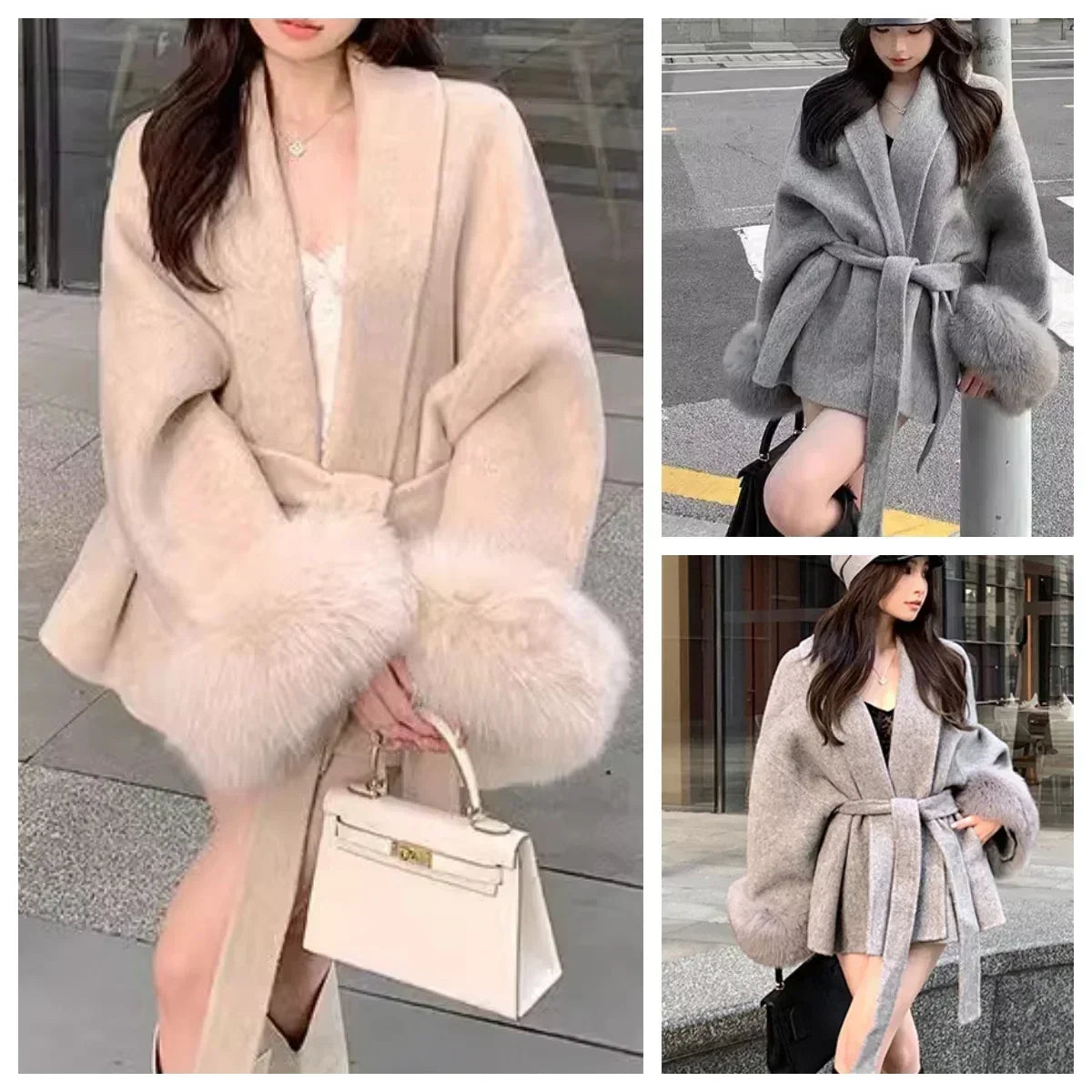 Elegant Ffice Women's Coat Fur Patchwork Long-sleeved Wool Coat Beautiful Women's Clothing Jacket Autumn And Winter