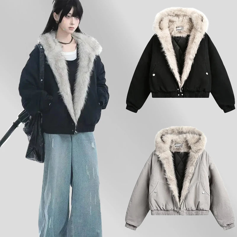 Retro Simple Plush Jacket Men Women Y2k Winter High Street Harajuku Warm Jacket American Loose Casual Fur Collar Jacket New