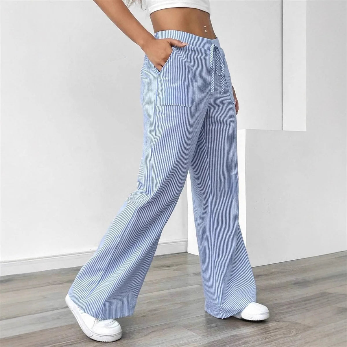 Fashion Stripe Wide Leg Pant Women Autumn Spring Chic High Waist Trousers Lady Y2k Streetwear Casual Outfit Pants Color Blocking