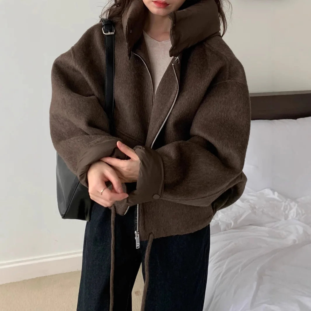 Thick Warm Women Short Woolen Coat Design Hooded Loose Long Sleeve Jacket Female Fashion Versatile Thermal Windproof Outerwear