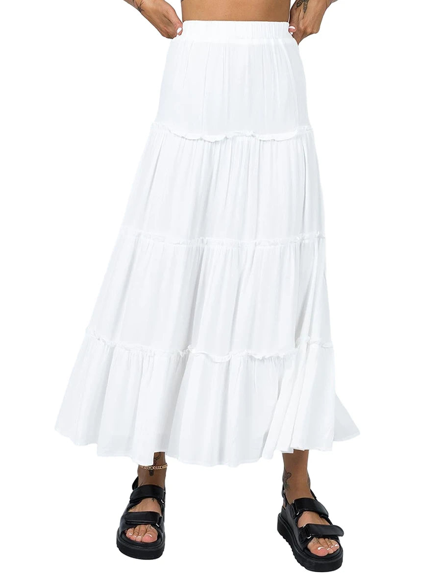 Women s Long Skirts Floral Print Solid Color Elastic Waist Skirts Spring Summer Big Swing Loose Casual Skirts