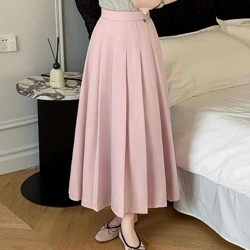Seoulish Pleated Casual Suit Long Skirts for Women 2025 Autumn Elegant High Waist Solid Mid Length Women's Pleated Skirts Female