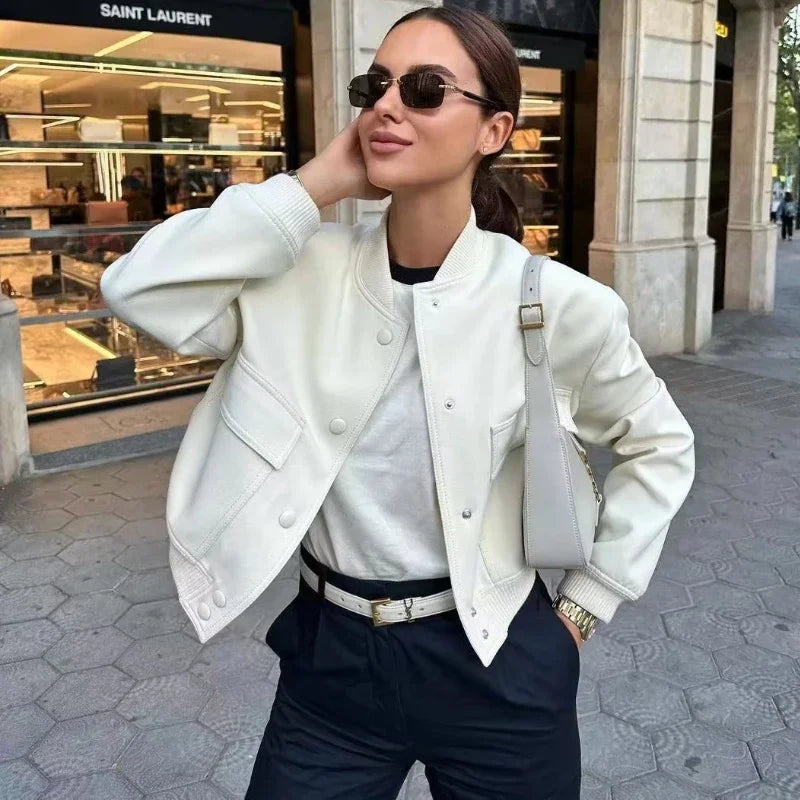 Button Baseball Cropped Jackets Woman's Elegant Solid Large Pockets Splicing Long Sleeves Loose Coat Autumn Winter New