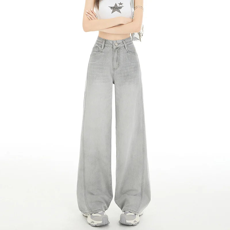 Skin-friendly Womens Straight Jeans Comfortable Loose Wide Leg Retro Harajuku Autumn Winter Denim Trousers Street Fashion