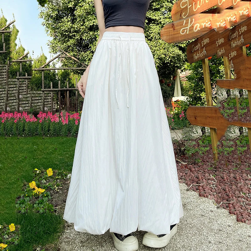 Japanese Style Long Flower Bud Skirt Women 2025 Summer High Waist Puffy Midi Skirts Woman Solid Color Lace Up A Line Skirt Mujer