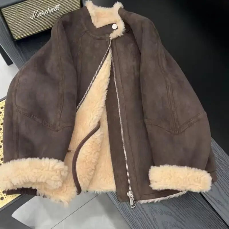 2025 Autumn and Winter Solid Color Plus Velvet Thickened Commuter Style Women's Coat