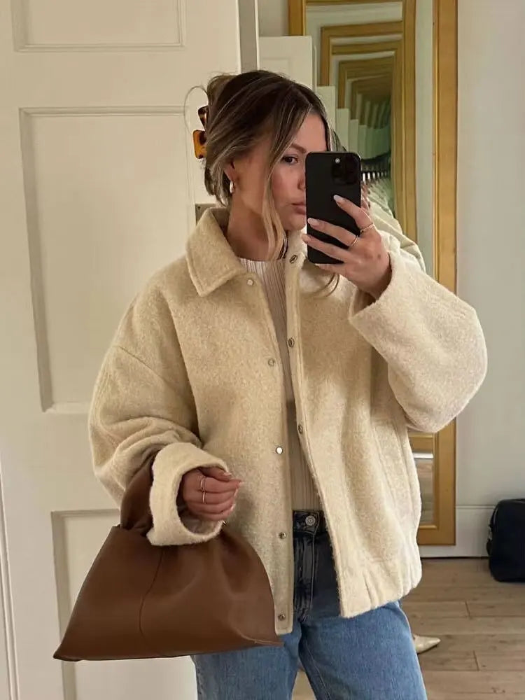 HH Autumn  Street Fashion Solid Jacket Long Sleeves Lapel With Pockets Single-breasted Loose Women's Winter Casual Coats