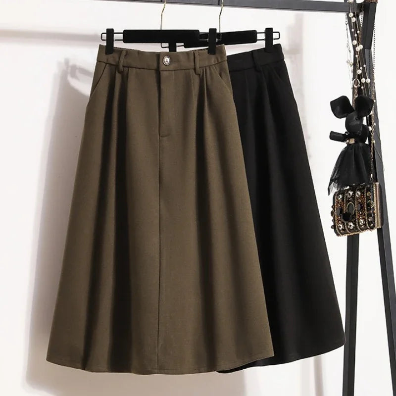 2025 Autumn Winter Simple Loose Female Skirts Plus Size A-Line Women's Skirt High Waisted Retro Thick Woolen Mid Length Skirt
