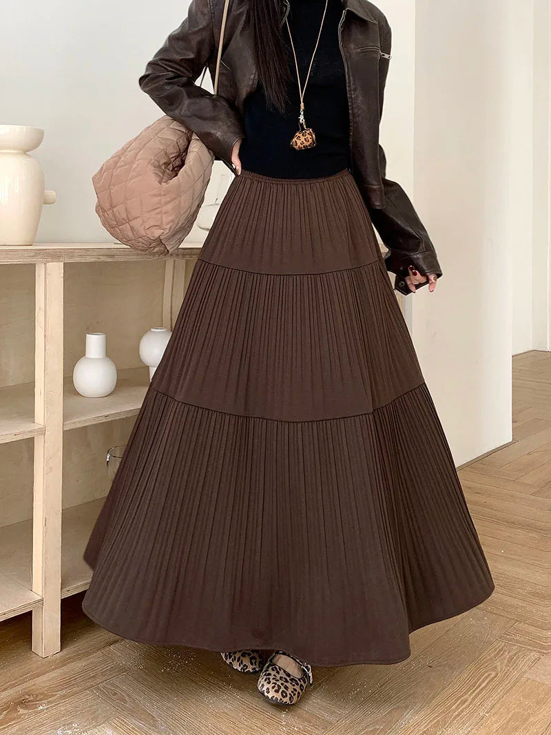 High Quality Pleated Velvet Skirt Women Vintage Large Swing Maix Skirt Female Fall Winter 2025 A-line Party Holdiay Skirt