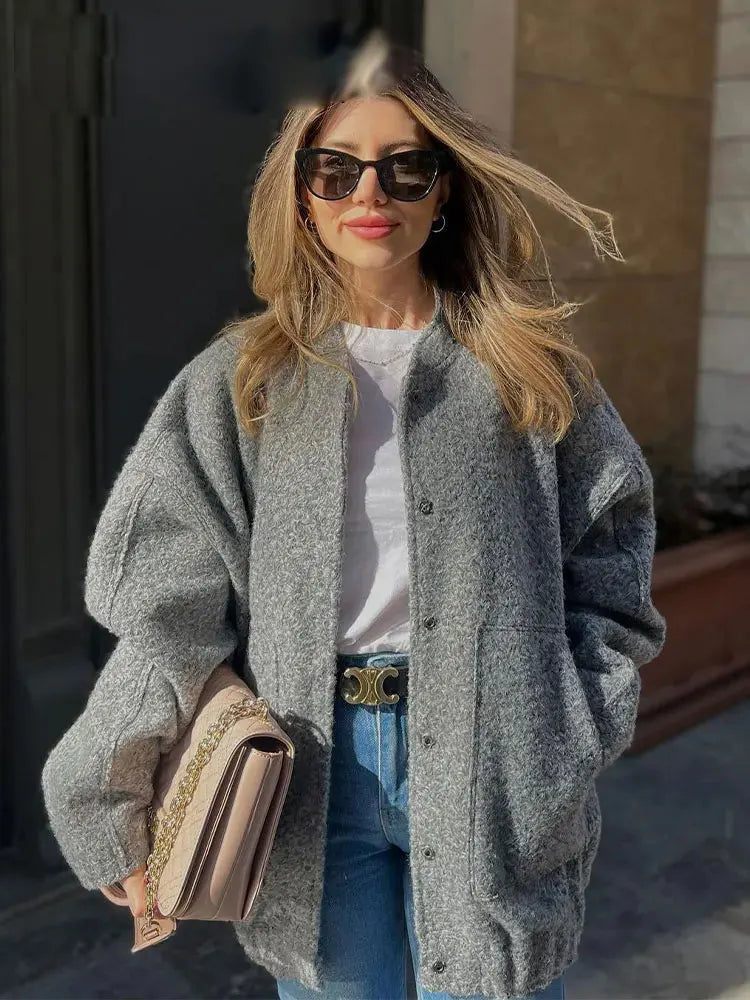 Woman Winter Coat Solid Pockets Loose Single-Breasted Jacket Women's Wild Basic Streetwear Outerwear Female Cardigan Top