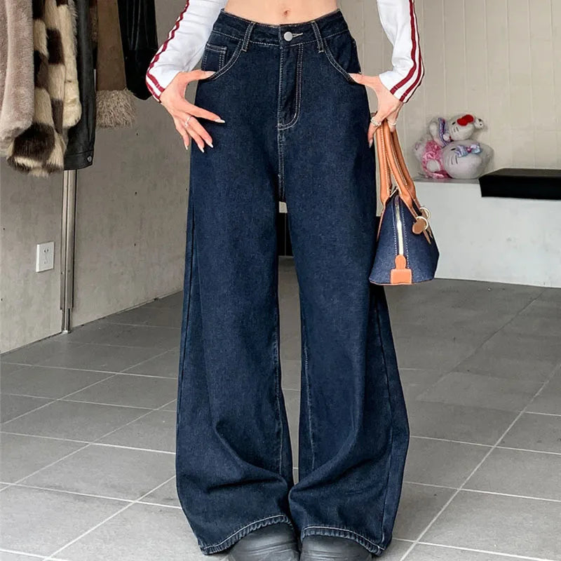 2025 Autumn Women's Y2K Jeans Versatile Navy Flannel-Lined Denim Pants Loose Straight Leg Drag Length Warm Trousers 2595