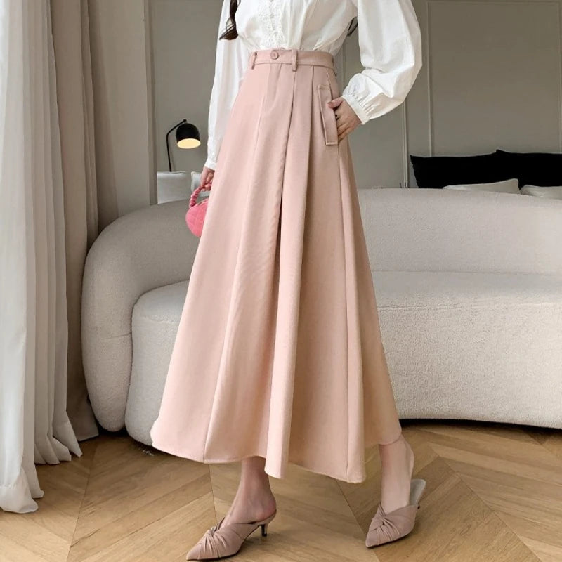 Seoulish Elegant Loose Women's Umbrella Skirts Spring Summer High Waist Solid Button A-line Skirts Pockets Female 2025 New