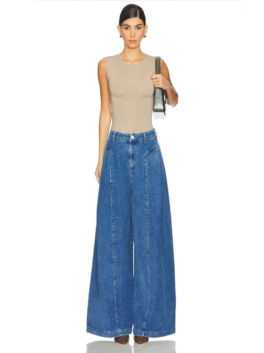 Fashion wash retro blue bone-breaking design for women casual simple non-stretch wide-leg jeans