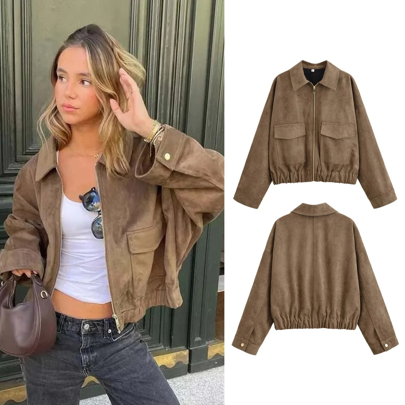 Women Bomber Suede Jackets Female Long Sleeve Zipper Short Jacket Coat Autumn Winter Large Pocket Elastic Hem Outwear