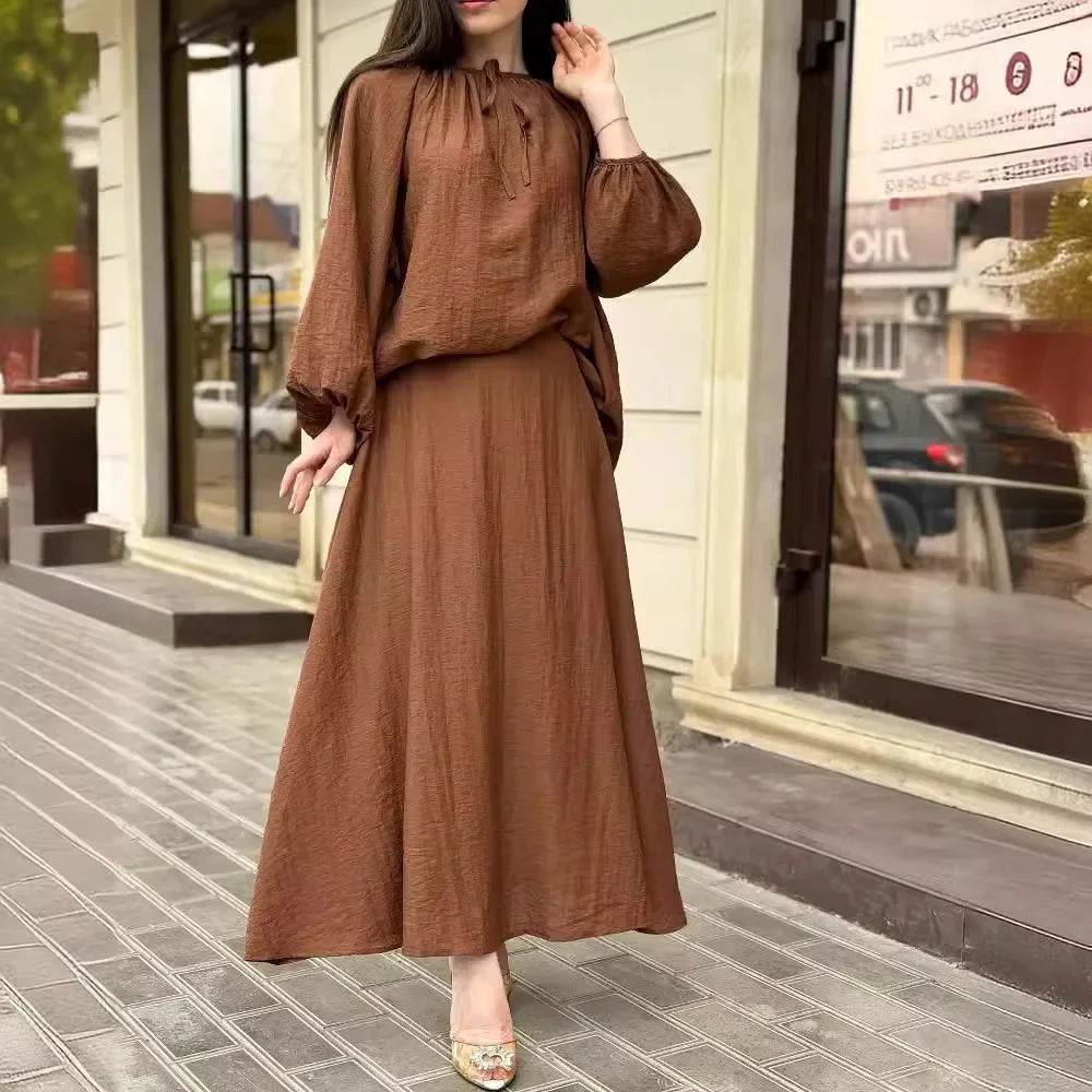 2 Piece Set Women Muslim Tops Skirt Suit Lace Up Ramadan Morocco Dubai Islam Long Skirts Ensemble Saudi Arab Modest Outfits