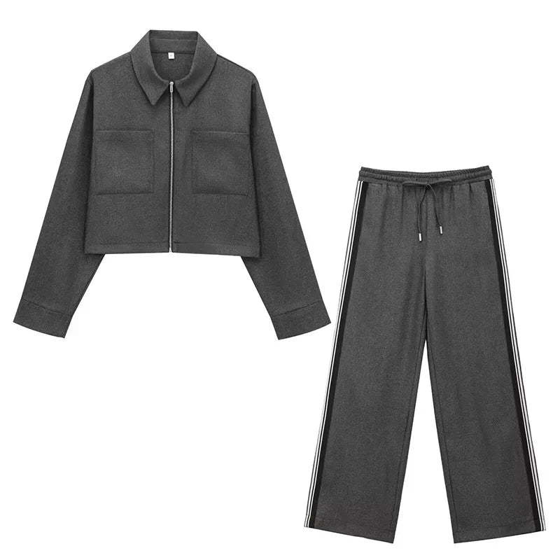 New HIGH Waist Wide Leg Pants Sets For Women 2 Pieces Fashion Short Jacket Coats Women's Suit Two Piece Set Women Outfit