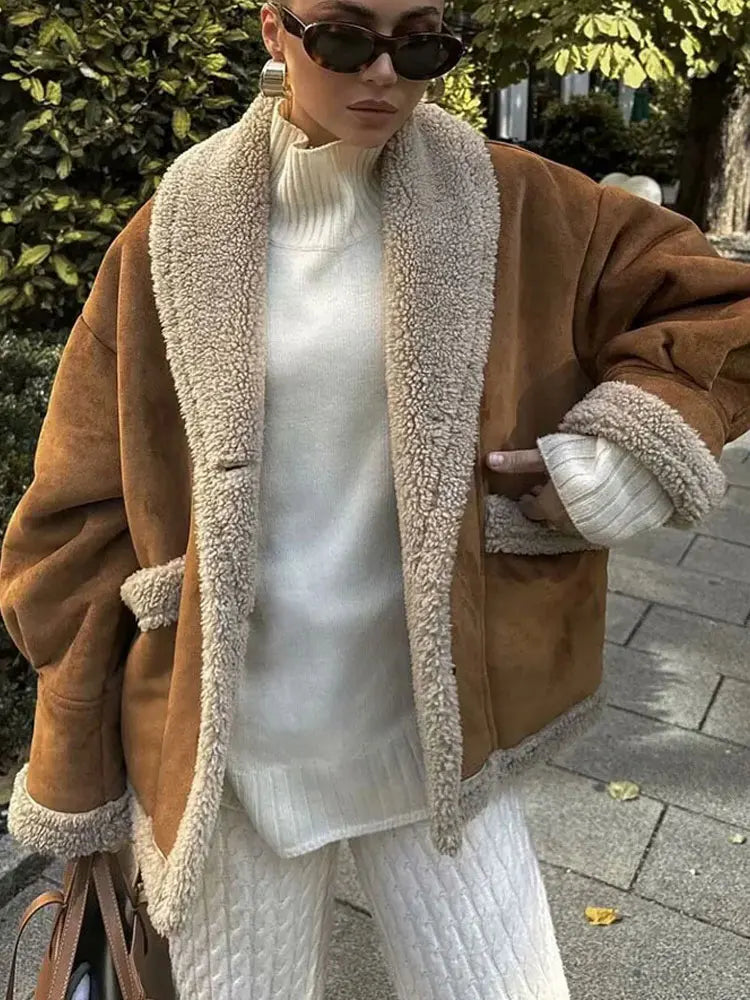 Women's Lambswool Splicing Coat Lapel Long Sleeve Loose Fake Leather Jackets 2025 Winter Pockets Streetwear Woman Outwear