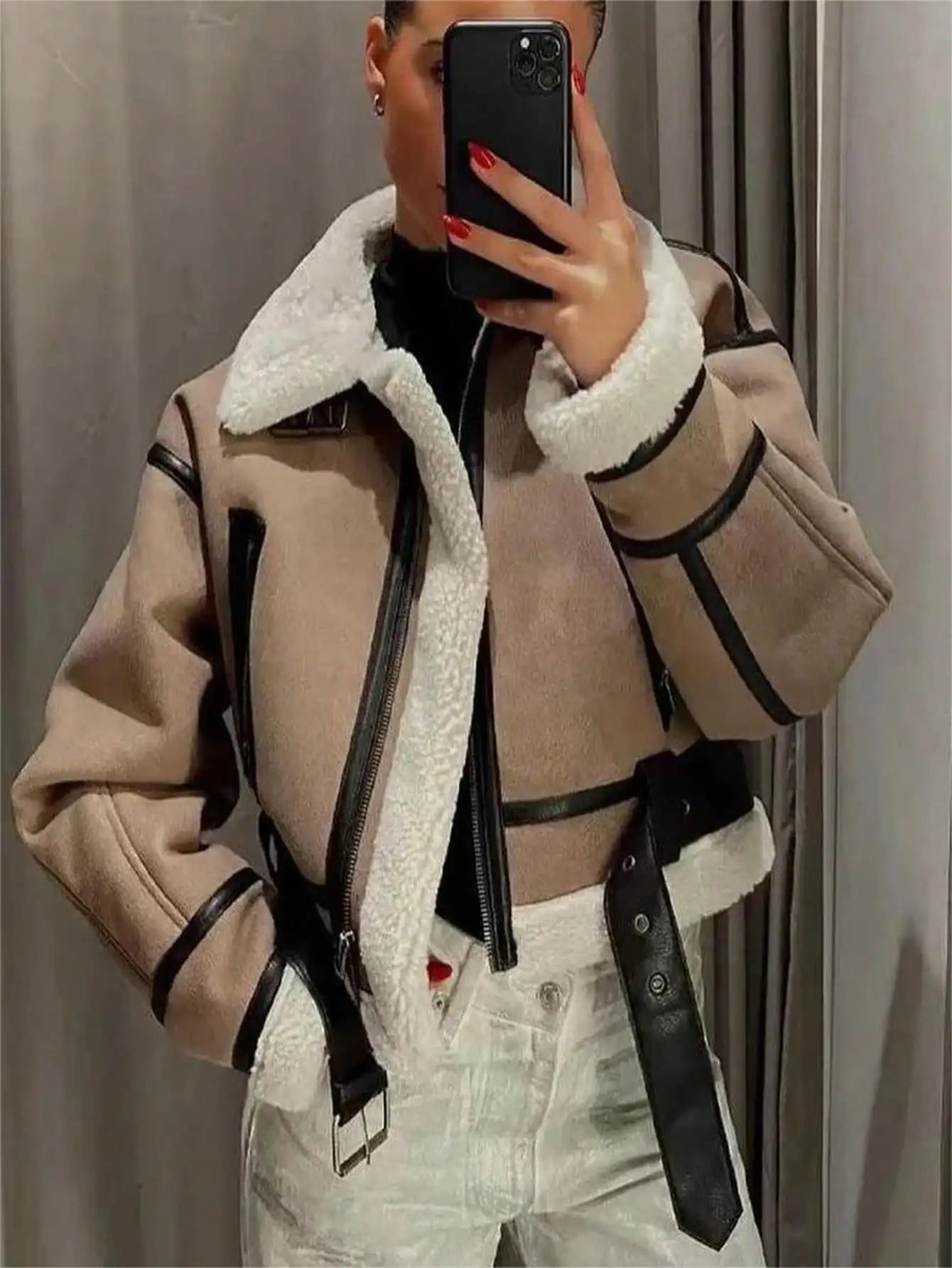 Indefeir New Autumn and Winter Women's Fur One-Piece Double-Sided Fleece Motorcycle Jacket Short Jacket