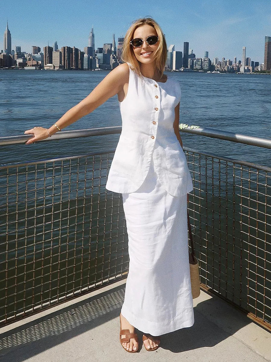 Bornladies Women's Sleeveless Vest High Waisted Skirt Set Spring Summer New Linen Casual Suit Fashion Office Lady Vest Set