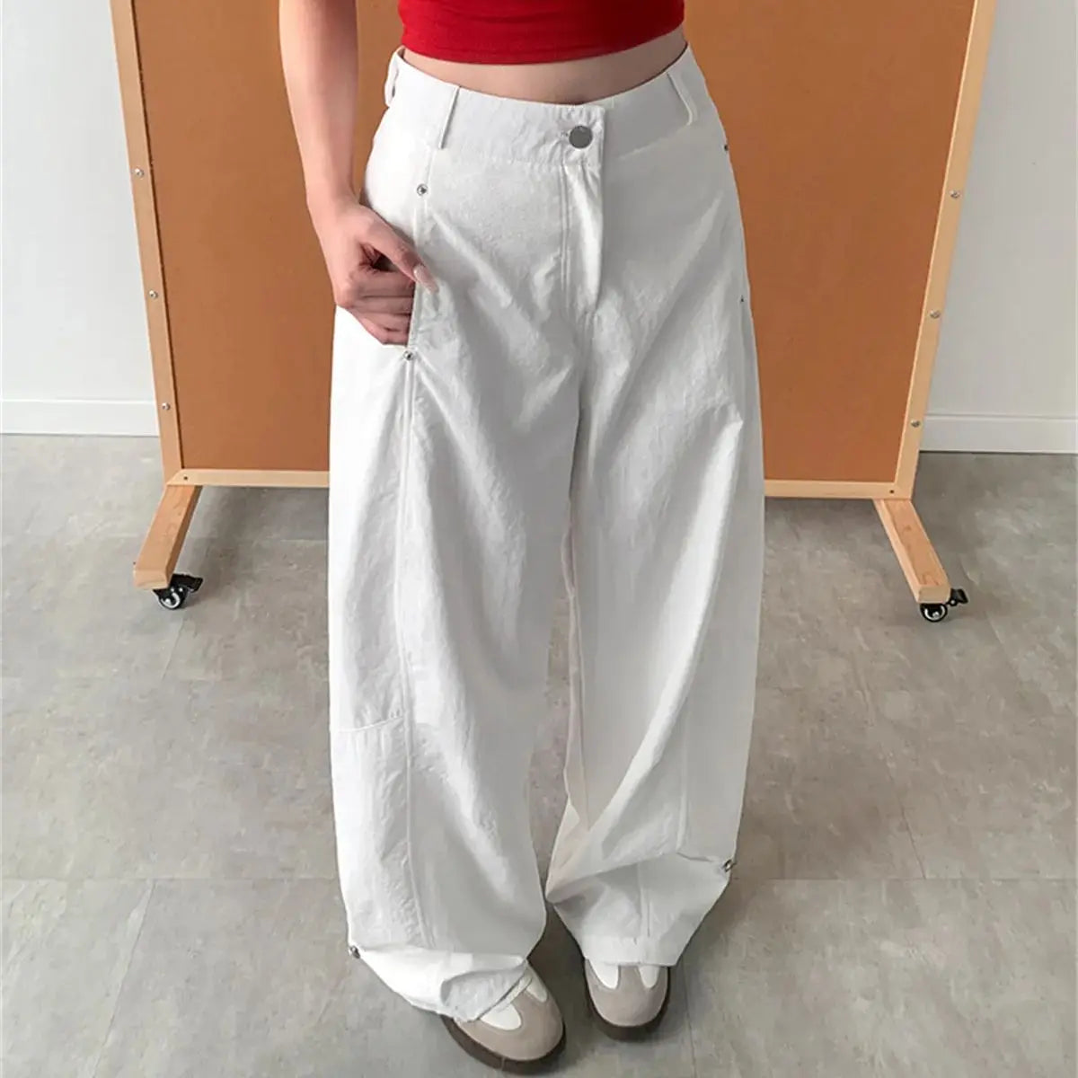 Women Fashion Bending Knife Pants Autumn Spring New In American Street Trousers Solid Button High Waist Wide Leg Pant Chic Wear
