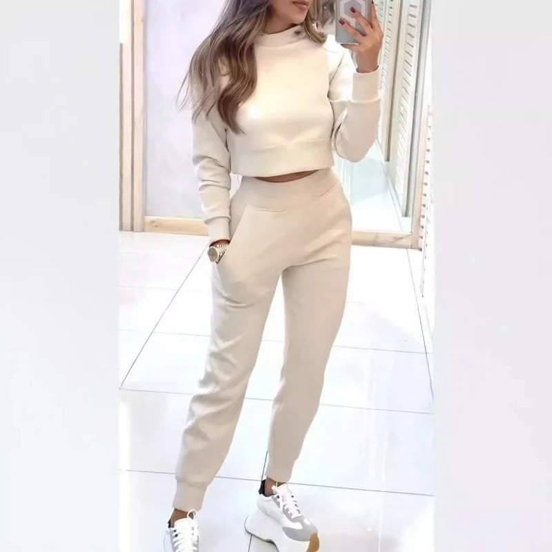 Women Two Piece Pant Sets Solid Slim Fit Turtleneck Casual Pencil Pants High Waist Pockets Full Sleeve Tops Regular Elegant Lady