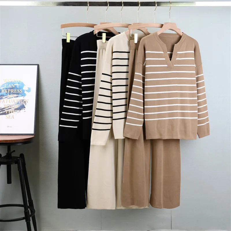 Knitting 2 Piece Sets Muslim Outfits Women Pullover V Neck Stripe Sweater Wide Leg Pants Suit Casual Knit Ensemble Tracksuit