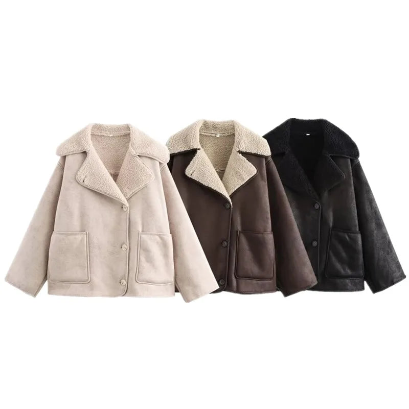 Double-Sided Flip Collar Long Sve Jaet Outerwear New Autumn Winter Women's Faion Design Loose Fit Ladies Coat