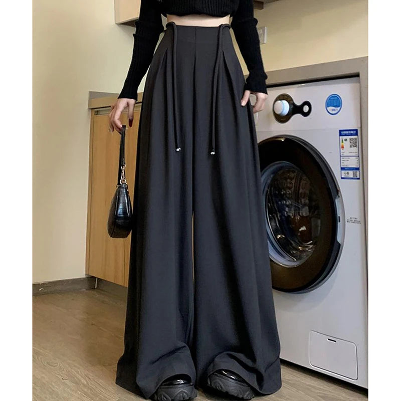 High Waisted Draped Black Trousers Women Loose Casual Premium Wide Leg Pants Korean Fashion Classic Simple Grey Office Pants