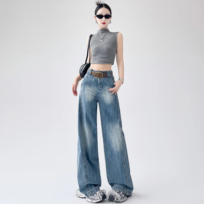 Vintage Americian Style Women Low Rise Jeans Wide Leg Pants Loose Streetwear Baggy Pants Women's Clothing Dragging Pants