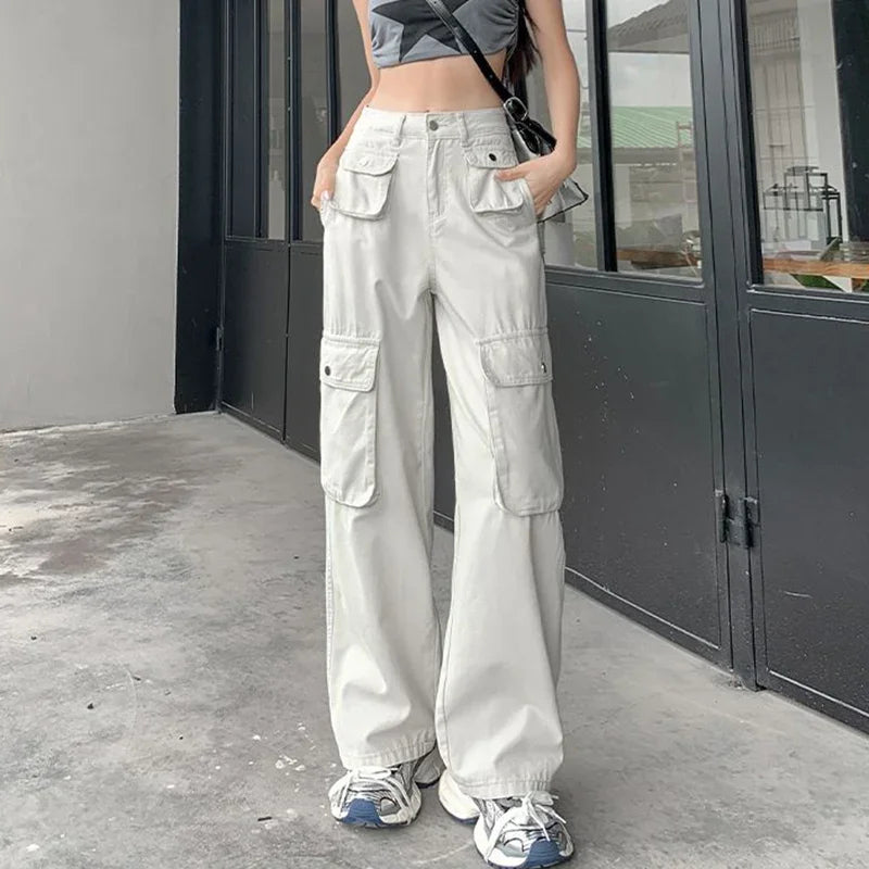 Girls Fashion Designer Straight Leg Jeans Women Streetwear High Waist Cargo Pants Female Classic Korean Denim Trousers