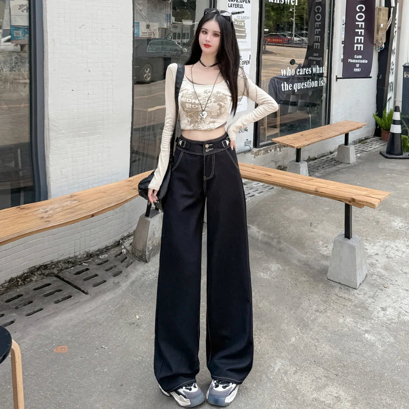 Skin-friendly Comfortable Womens Straight Jeans New Loose Denim Wide Leg Pants High Waist Slimming European American All Match
